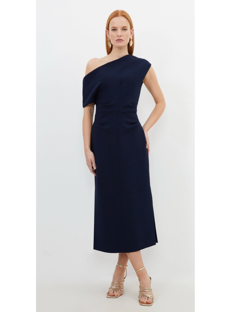 Nwt Karen Millen Compact Stretch Drop Shoulder Tailored Midi Dress Navy 12